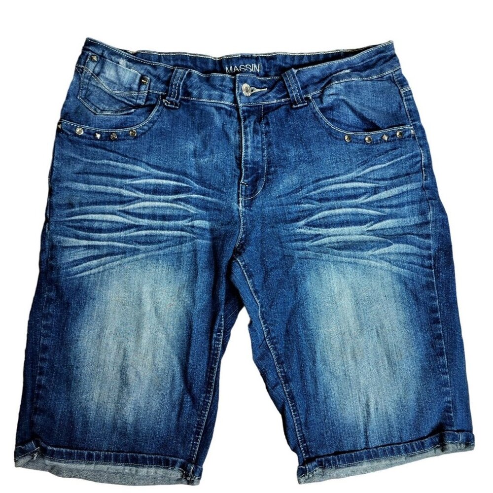 Massin Womens Blue Denim Bermuda Shorts Size 14 With Stud Accents & Embroidered